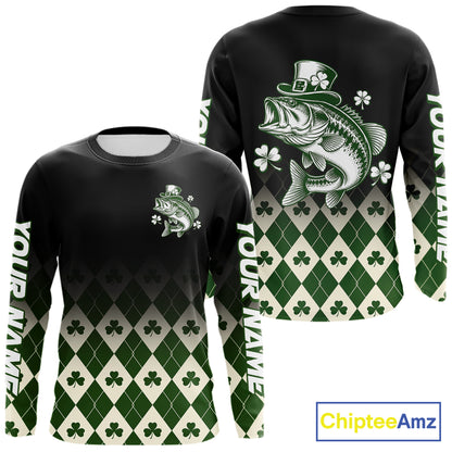 St. Patrick’S Day Bass Fishing Shirt, Shamrock Argyle Long Sleeve Shirt For Anglers NHT1484