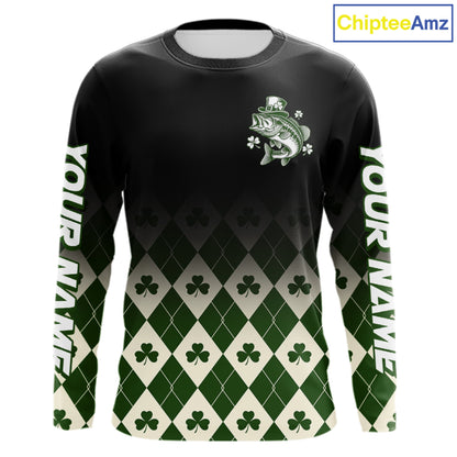 St. Patrick’S Day Bass Fishing Shirt, Shamrock Argyle Long Sleeve Shirt For Anglers NHT1484