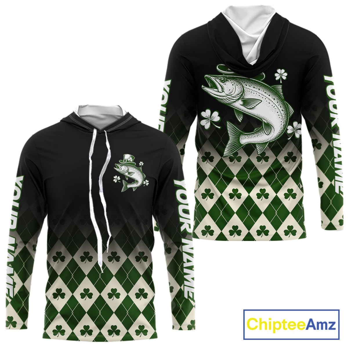 St. Patrick’S Day Chinook Salmon Fishing Shirt, Shamrock Argyle Hooded Long Sleeve Shirt For Anglers NHT1485