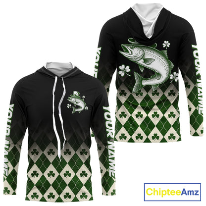 St. Patrick’S Day Chinook Salmon Fishing Shirt, Shamrock Argyle Hooded Long Sleeve Shirt For Anglers NHT1485