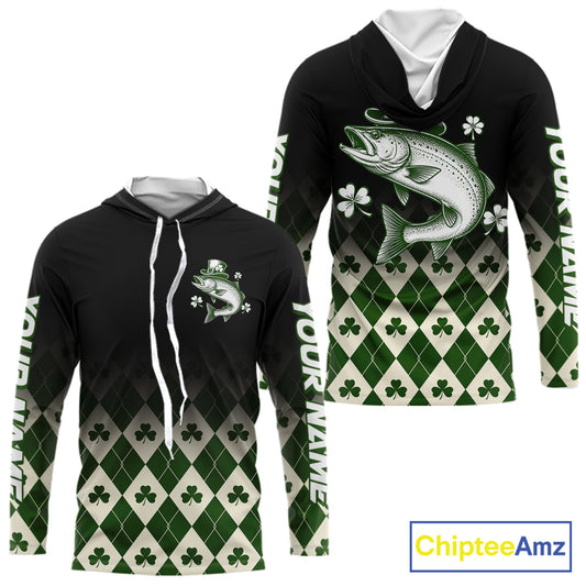 St. Patrick’S Day Chinook Salmon Fishing Shirt, Shamrock Argyle Hooded Long Sleeve Shirt For Anglers NHT1485