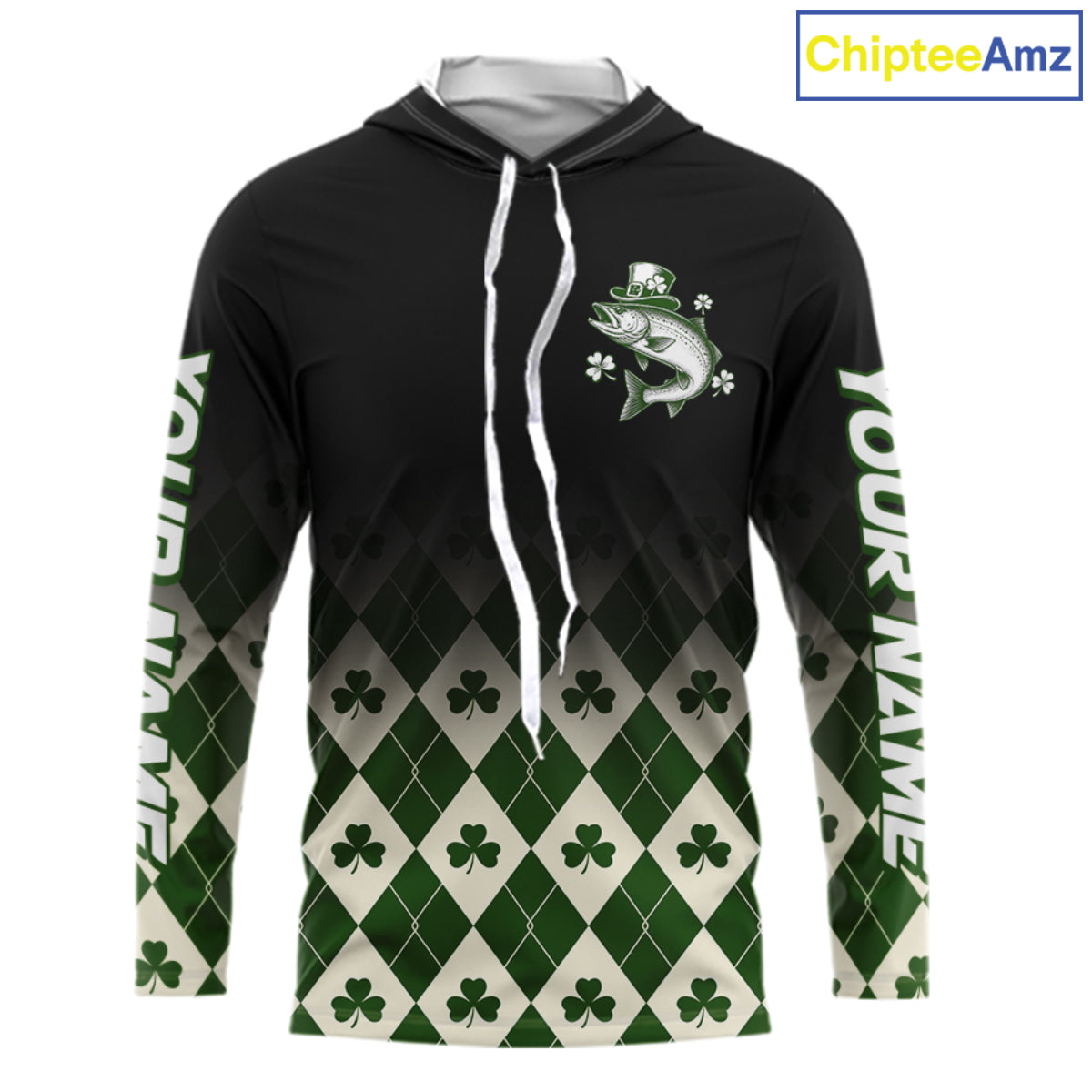 St. Patrick’S Day Chinook Salmon Fishing Shirt, Shamrock Argyle Hooded Long Sleeve Shirt For Anglers NHT1485