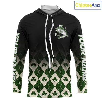 St. Patrick’S Day Chinook Salmon Fishing Shirt, Shamrock Argyle Hooded Long Sleeve Shirt For Anglers NHT1485