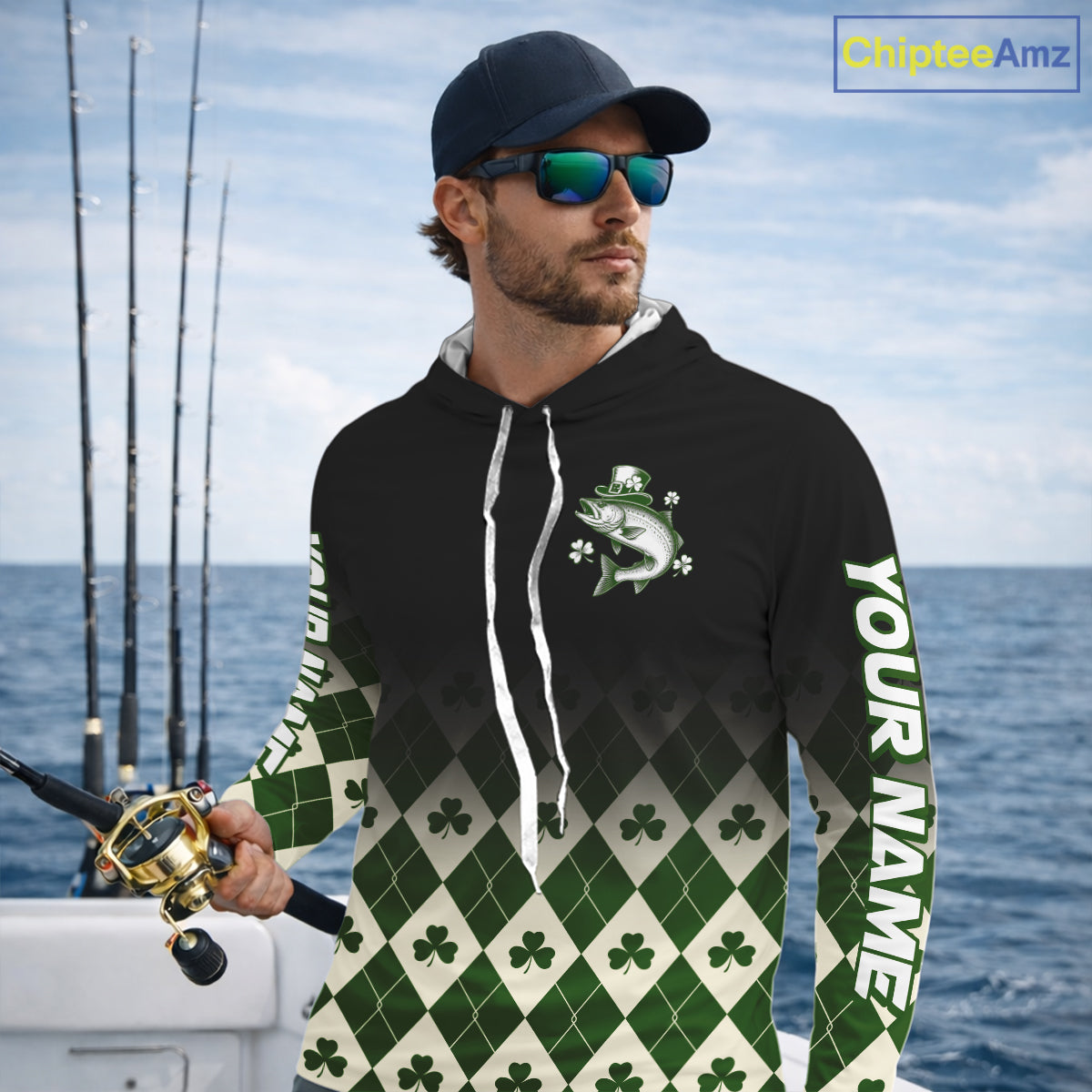 St. Patrick’S Day Chinook Salmon Fishing Shirt, Shamrock Argyle Hooded Long Sleeve Shirt For Anglers NHT1485