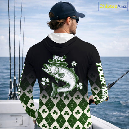 St. Patrick’S Day Chinook Salmon Fishing Shirt, Shamrock Argyle Hooded Long Sleeve Shirt For Anglers NHT1485