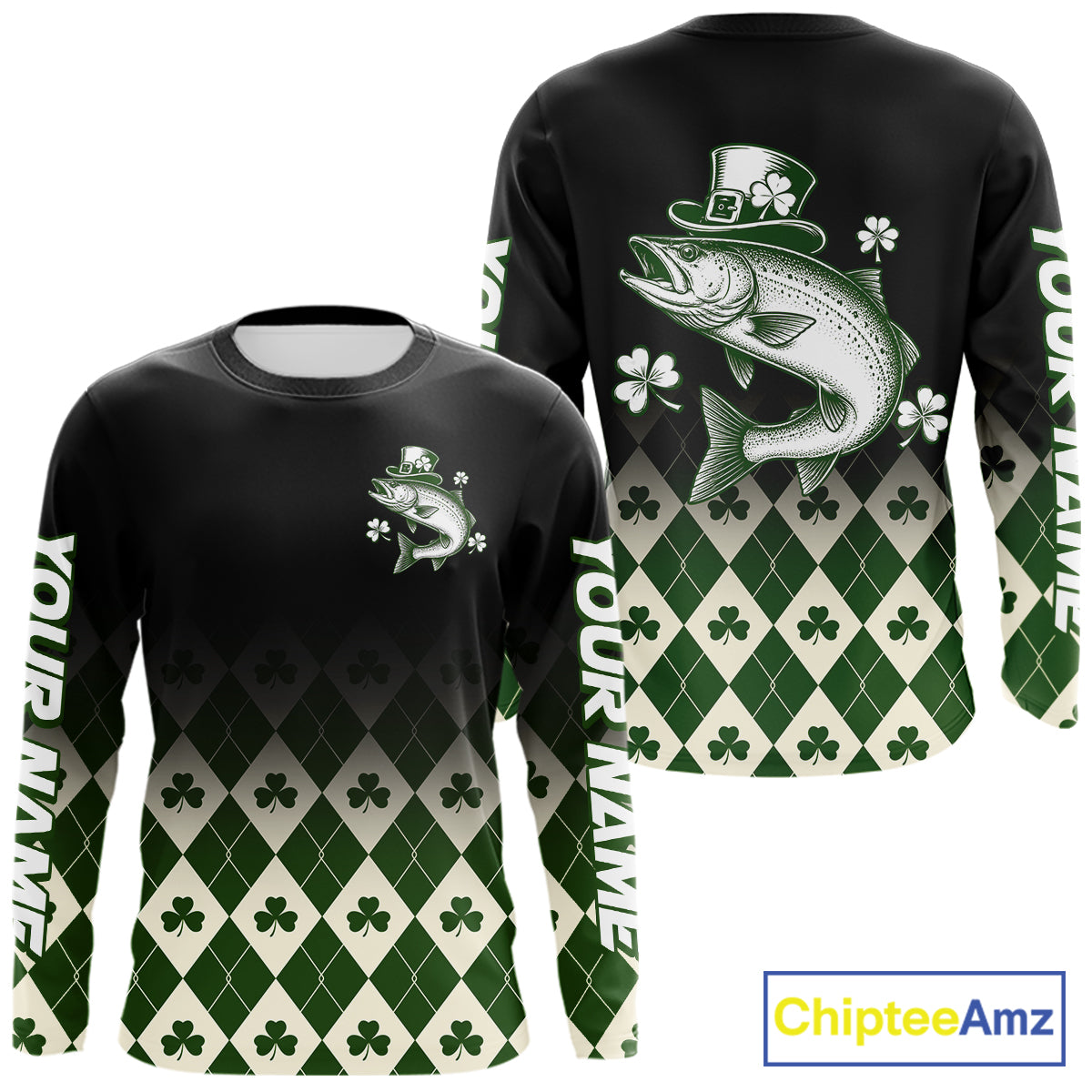 St. Patrick’S Day Chinook Salmon Fishing Shirt, Shamrock Argyle Long Sleeve Shirt For Anglers NHT1485