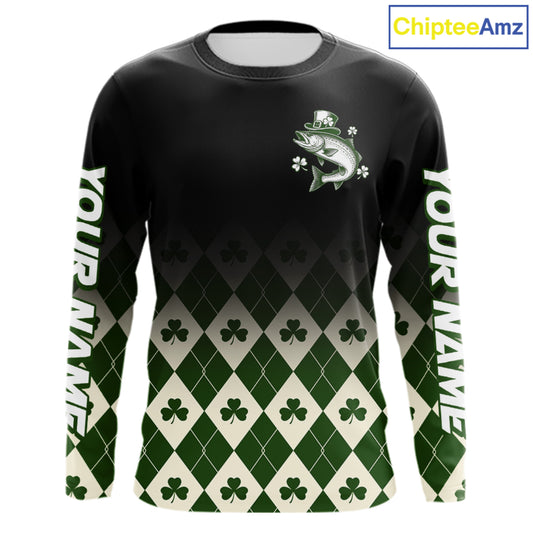 St. Patrick’S Day Chinook Salmon Fishing Shirt, Shamrock Argyle Long Sleeve Shirt For Anglers NHT1485