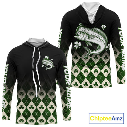 St. Patrick’S Day Mahi Mahi Fishing Shirt, Shamrock Argyle Hooded Long Sleeve Shirt For Anglers NHT1486