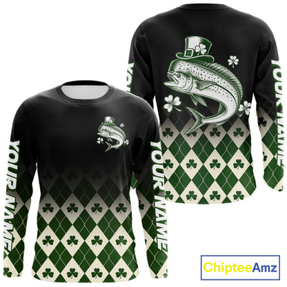 St. Patrick’S Day Mahi Mahi Fishing Shirt, Shamrock Argyle Long Sleeve Shirt For Anglers NHT1486