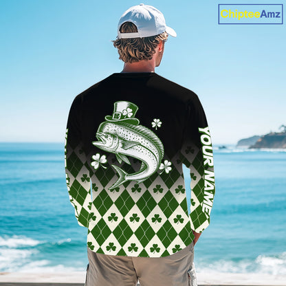 St. Patrick’S Day Mahi Mahi Fishing Shirt, Shamrock Argyle Long Sleeve Shirt For Anglers NHT1486