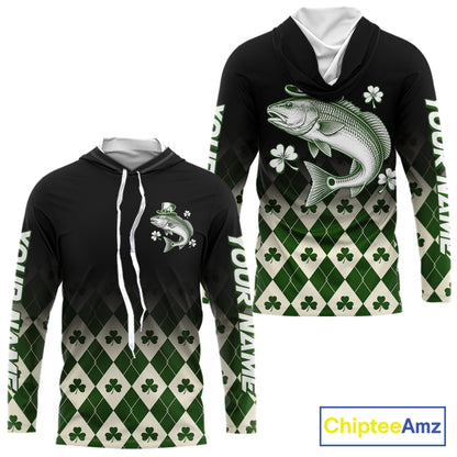 St. Patrick’S Day Redfish Fishing Shirt, Shamrock Argyle Hooded Long Sleeve Shirt For Anglers NHT1487