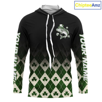 St. Patrick’S Day Redfish Fishing Shirt, Shamrock Argyle Hooded Long Sleeve Shirt For Anglers NHT1487