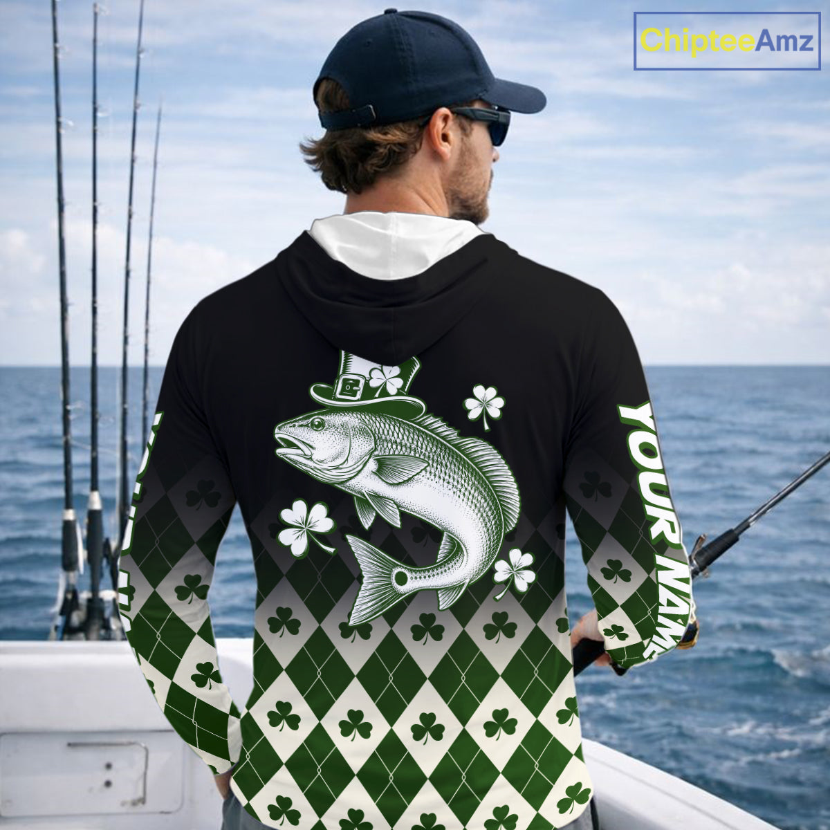 St. Patrick’S Day Redfish Fishing Shirt, Shamrock Argyle Hooded Long Sleeve Shirt For Anglers NHT1487