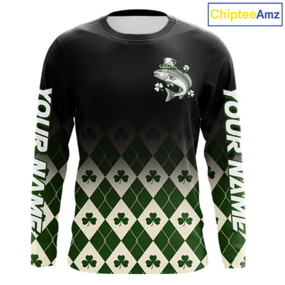 St. Patrick’S Day Redfish Fishing Shirt, Shamrock Argyle Long Sleeve Shirt For Anglers NHT1487