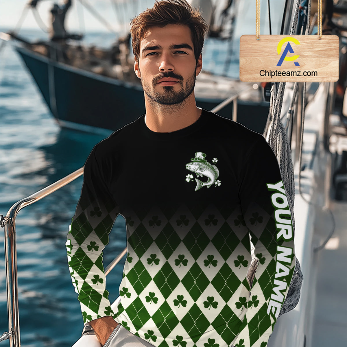 St. Patrick’S Day Redfish Fishing Shirt, Shamrock Argyle Long Sleeve Shirt For Anglers NHT1487
