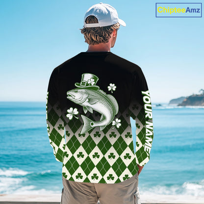 St. Patrick’S Day Redfish Fishing Shirt, Shamrock Argyle Long Sleeve Shirt For Anglers NHT1487