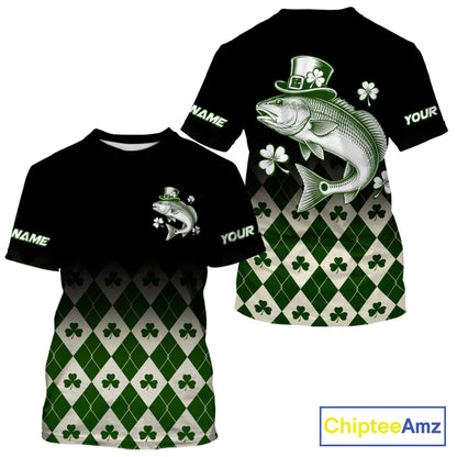 St. Patrick’S Day Redfish Fishing Shirt, Shamrock Argyle Short Sleeve Shirt For Anglers NHT1487