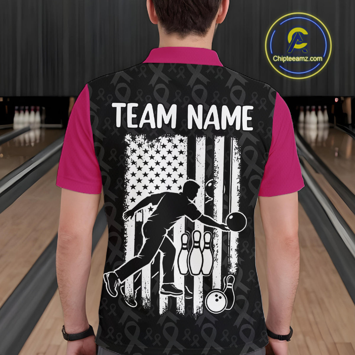 Breast Cancer Awareness Pink Ribbon Bowling Polo Shirt For Men Custom USA Flag Team Tournament Jersey NHT1634