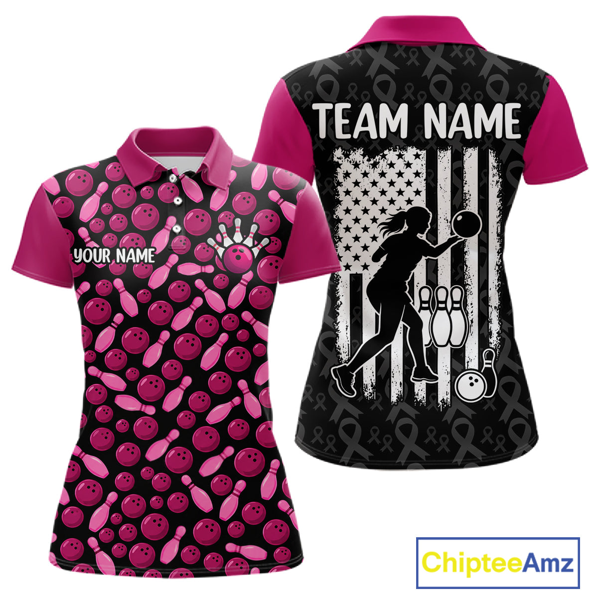 Breast Cancer Awareness Pink Ribbon Bowling Polo Shirt For Women Custom USA Flag Team Tournament Jersey NHT1634