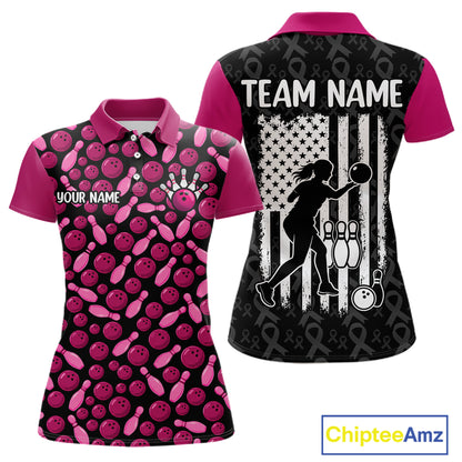 Breast Cancer Awareness Pink Ribbon Bowling Polo Shirt For Women Custom USA Flag Team Tournament Jersey NHT1634