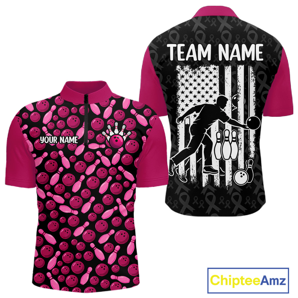 Breast Cancer Awareness Pink Ribbon Bowling Polo Shirt For Men Custom USA Flag Team Tournament Jersey NHT1634