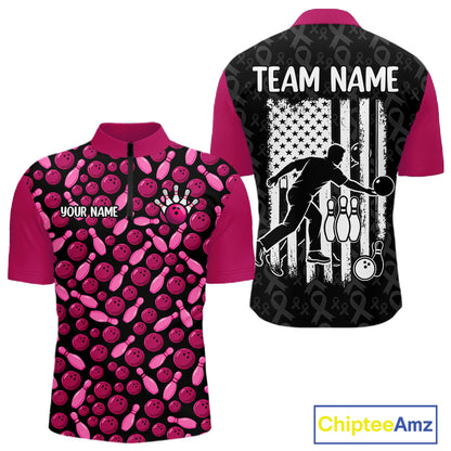 Breast Cancer Awareness Pink Ribbon Bowling Polo Shirt For Men Custom USA Flag Team Tournament Jersey NHT1634