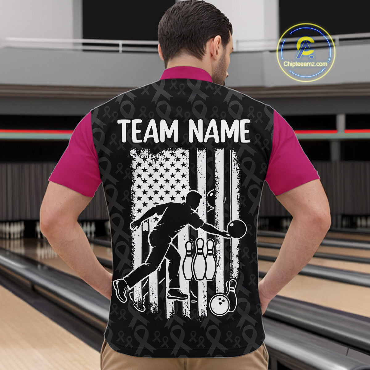 Breast Cancer Awareness Pink Ribbon Bowling Polo Shirt For Men Custom USA Flag Team Tournament Jersey NHT1634