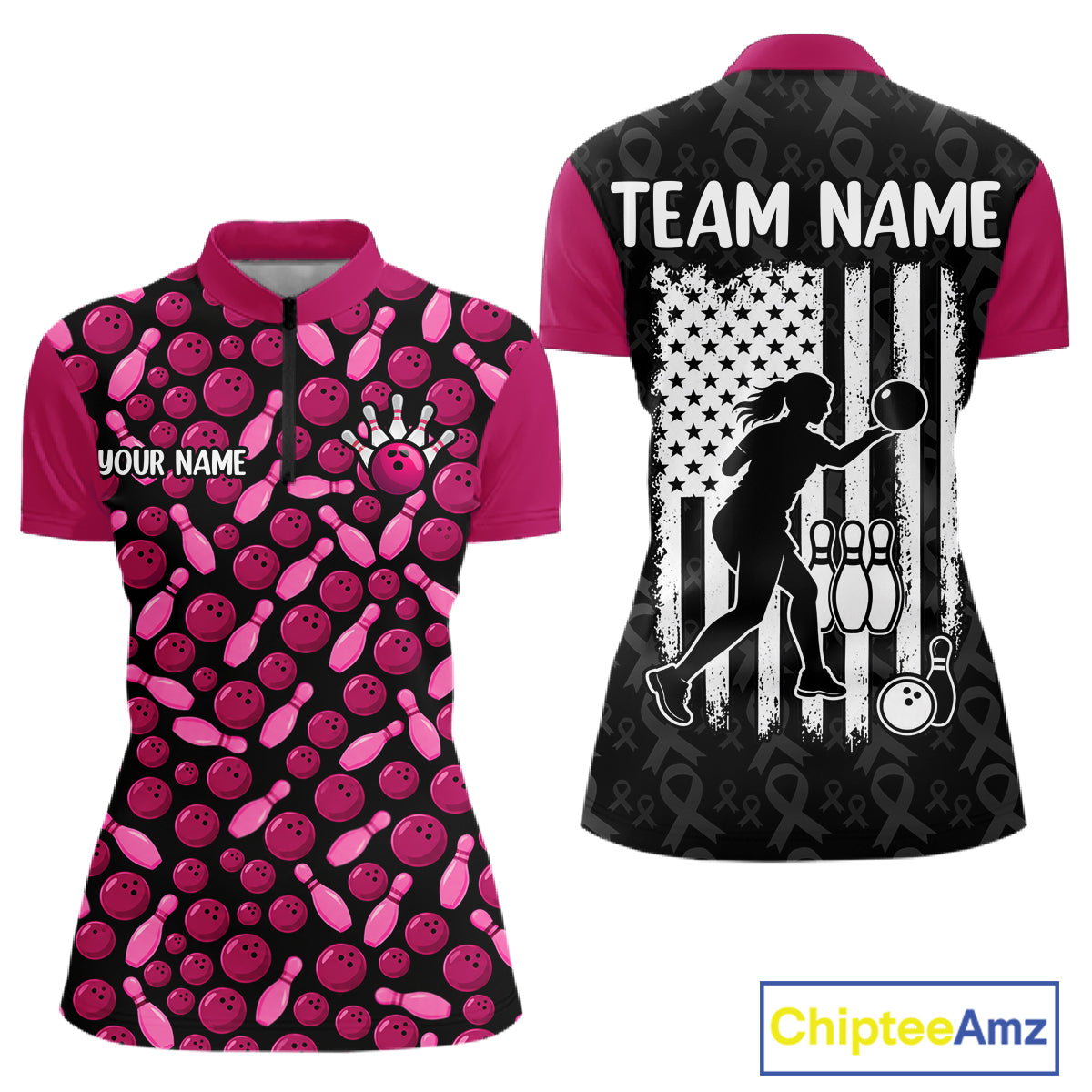 Breast Cancer Awareness Pink Ribbon Bowling Polo Shirt For Women Custom USA Flag Team Tournament Jersey NHT1634
