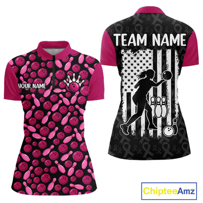 Breast Cancer Awareness Pink Ribbon Bowling Polo Shirt For Women Custom USA Flag Team Tournament Jersey NHT1634