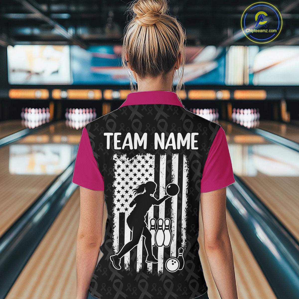 Breast Cancer Awareness Pink Ribbon Bowling Polo Shirt For Women Custom USA Flag Team Tournament Jersey NHT1634
