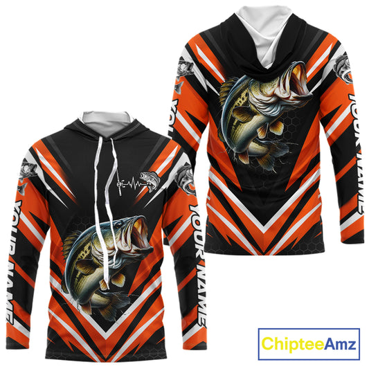 Largemouth Bass Fishing Long Sleeve Hooded Shirt Custom Orange Black Fish Performance Jersey NHT1638