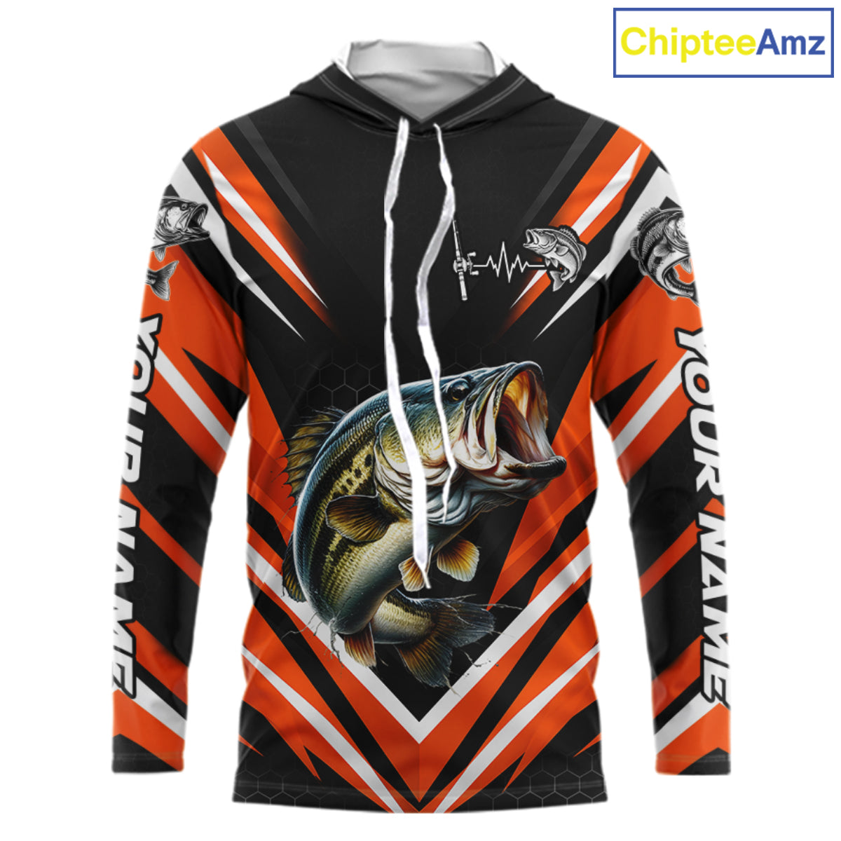 Largemouth Bass Fishing Long Sleeve Hooded Shirt Custom Orange Black Fish Performance Jersey NHT1638