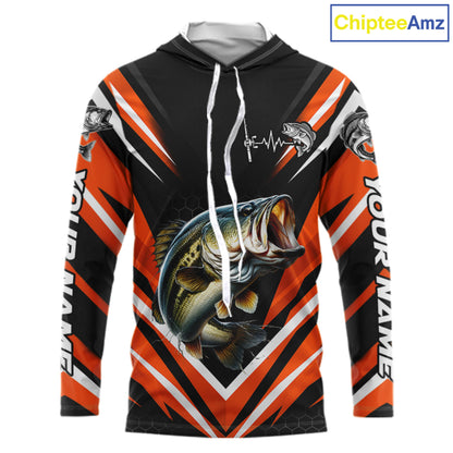 Largemouth Bass Fishing Long Sleeve Hooded Shirt Custom Orange Black Fish Performance Jersey NHT1638