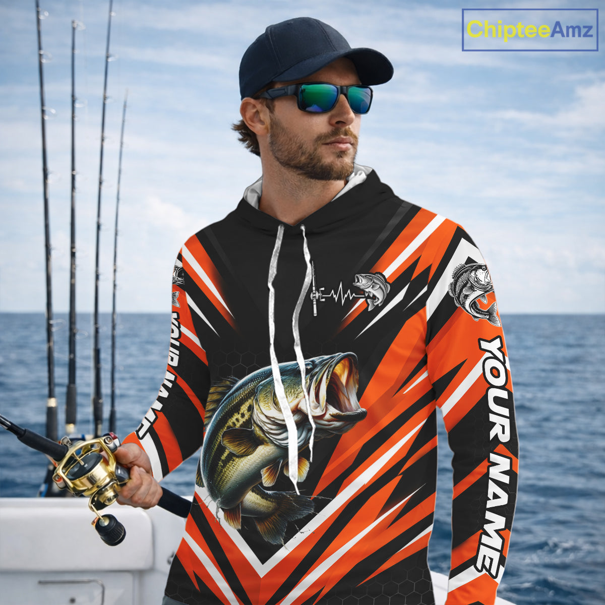 Largemouth Bass Fishing Long Sleeve Hooded Shirt Custom Orange Black Fish Performance Jersey NHT1638