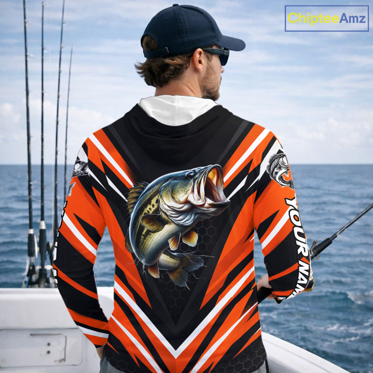 Largemouth Bass Fishing Long Sleeve Hooded Shirt Custom Orange Black Fish Performance Jersey NHT1638