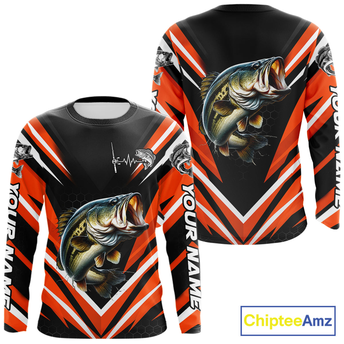 Largemouth Bass Fishing Long Sleeve Shirt Custom Orange Black Fish Performance Jersey NHT1638