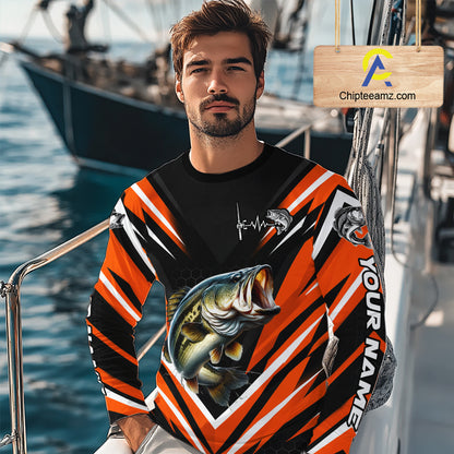 Largemouth Bass Fishing Long Sleeve Shirt Custom Orange Black Fish Performance Jersey NHT1638