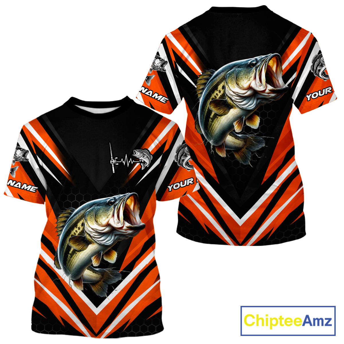 Largemouth Bass Fishing Short Sleeve Shirt Custom Orange Black Fish Performance Jersey NHT1638