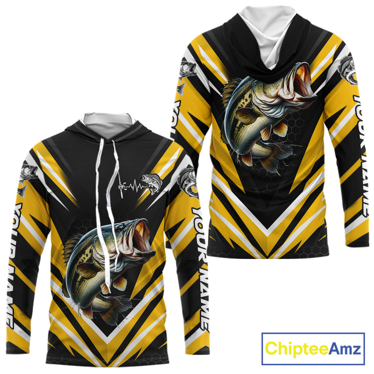 Largemouth Bass Fishing Long Sleeve Hooded Shirt Custom Yellow Black Fish Performance Jersey NHT1639