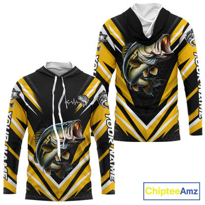 Largemouth Bass Fishing Long Sleeve Hooded Shirt Custom Yellow Black Fish Performance Jersey NHT1639