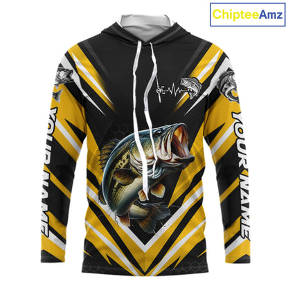 Largemouth Bass Fishing Long Sleeve Hooded Shirt Custom Yellow Black Fish Performance Jersey NHT1639