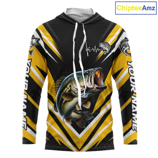 Largemouth Bass Fishing Long Sleeve Hooded Shirt Custom Yellow Black Fish Performance Jersey NHT1639