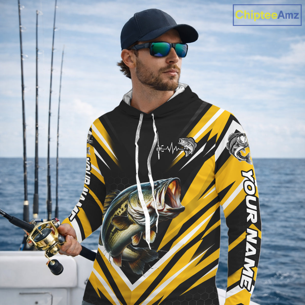 Largemouth Bass Fishing Long Sleeve Hooded Shirt Custom Yellow Black Fish Performance Jersey NHT1639
