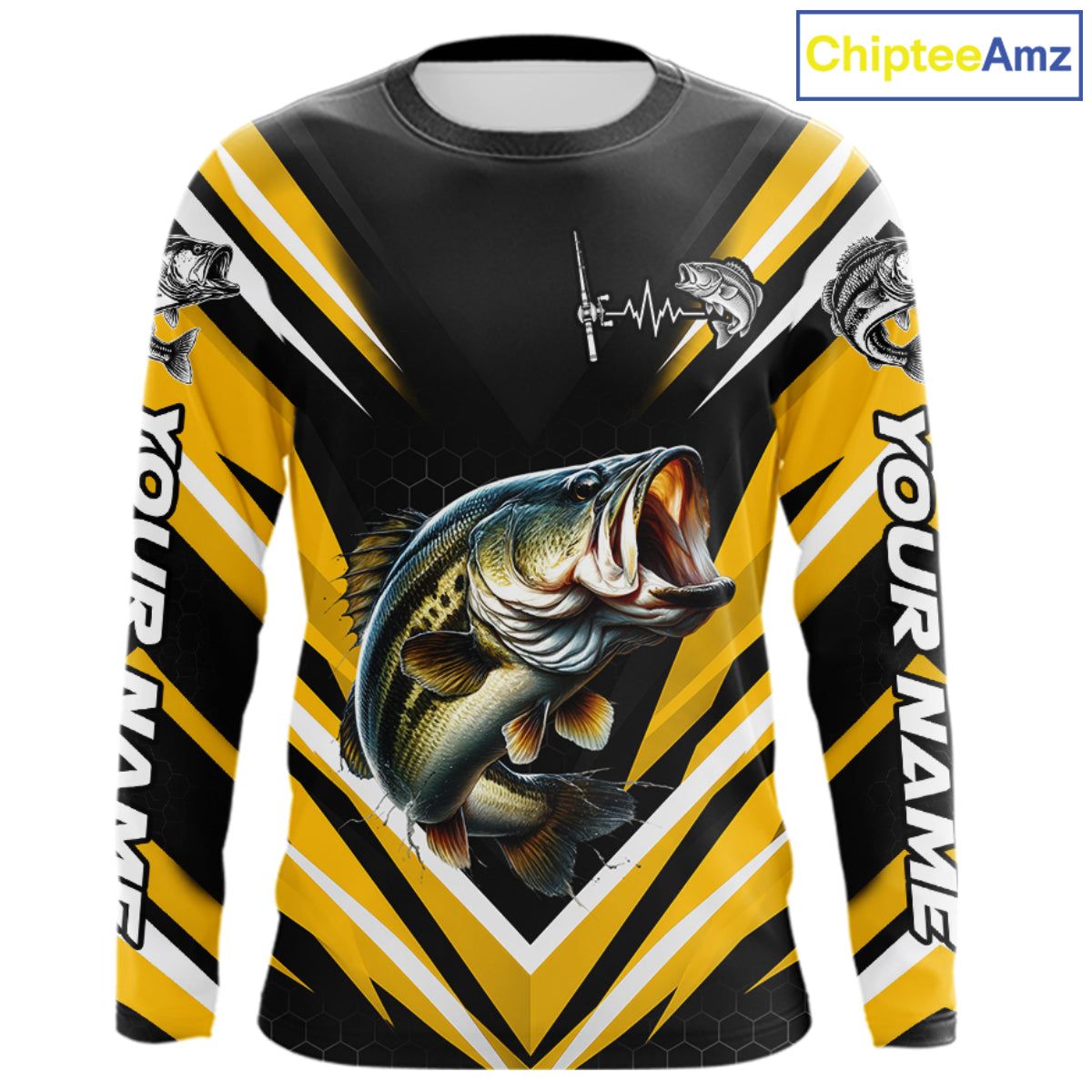 Largemouth Bass Fishing Long Sleeve Shirt Custom Yellow Black Fish Performance Jersey NHT1639