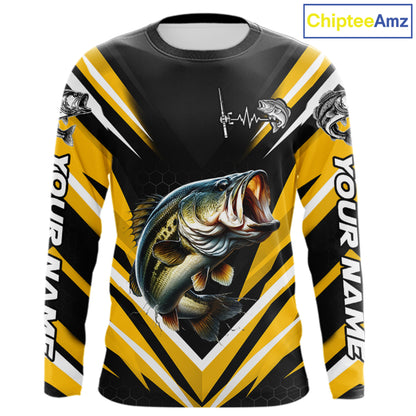 Largemouth Bass Fishing Long Sleeve Shirt Custom Yellow Black Fish Performance Jersey NHT1639