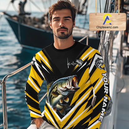 Largemouth Bass Fishing Long Sleeve Shirt Custom Yellow Black Fish Performance Jersey NHT1639
