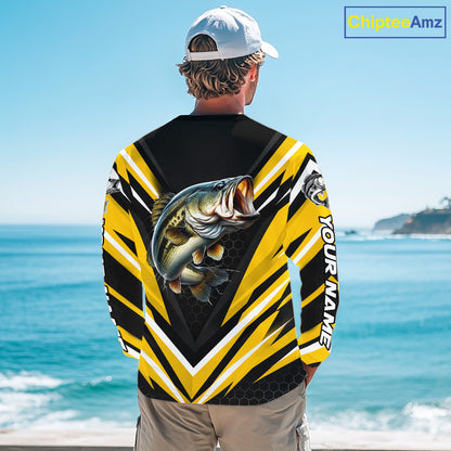Largemouth Bass Fishing Long Sleeve Shirt Custom Yellow Black Fish Performance Jersey NHT1639