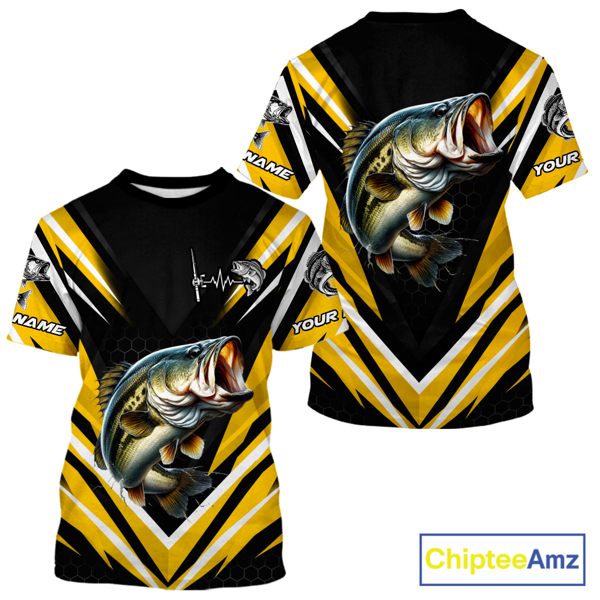Largemouth Bass Fishing Short Sleeve Shirt Custom Yellow Black Fish Performance Jersey NHT1639