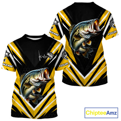 Largemouth Bass Fishing Short Sleeve Shirt Custom Yellow Black Fish Performance Jersey NHT1639