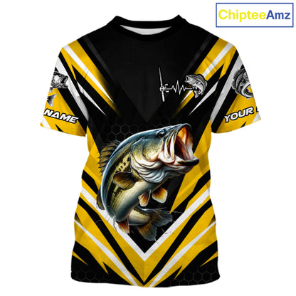 Largemouth Bass Fishing Short Sleeve Shirt Custom Yellow Black Fish Performance Jersey NHT1639